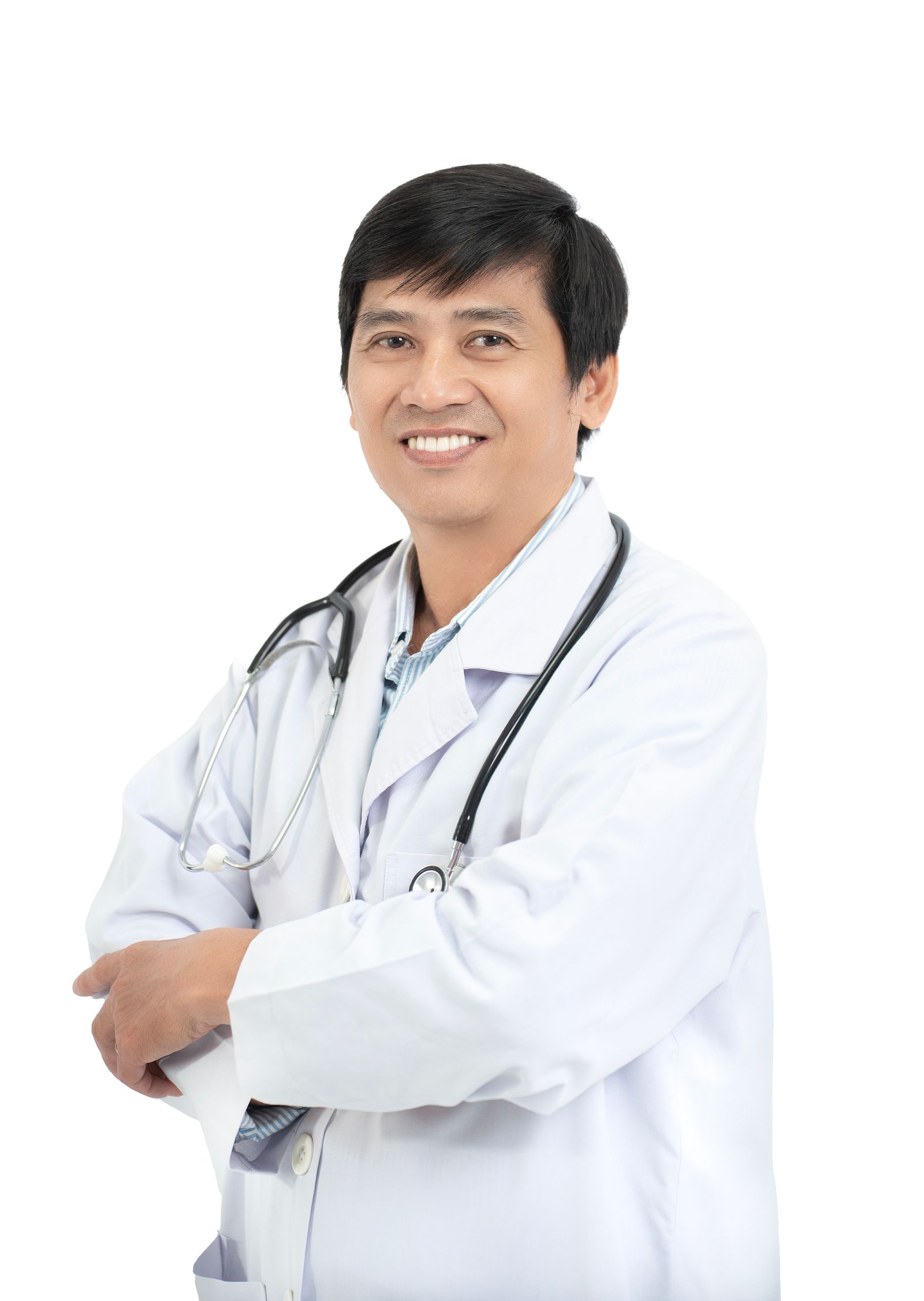 Portrait of a friendly doctor wearing a white coat and stethoscope.